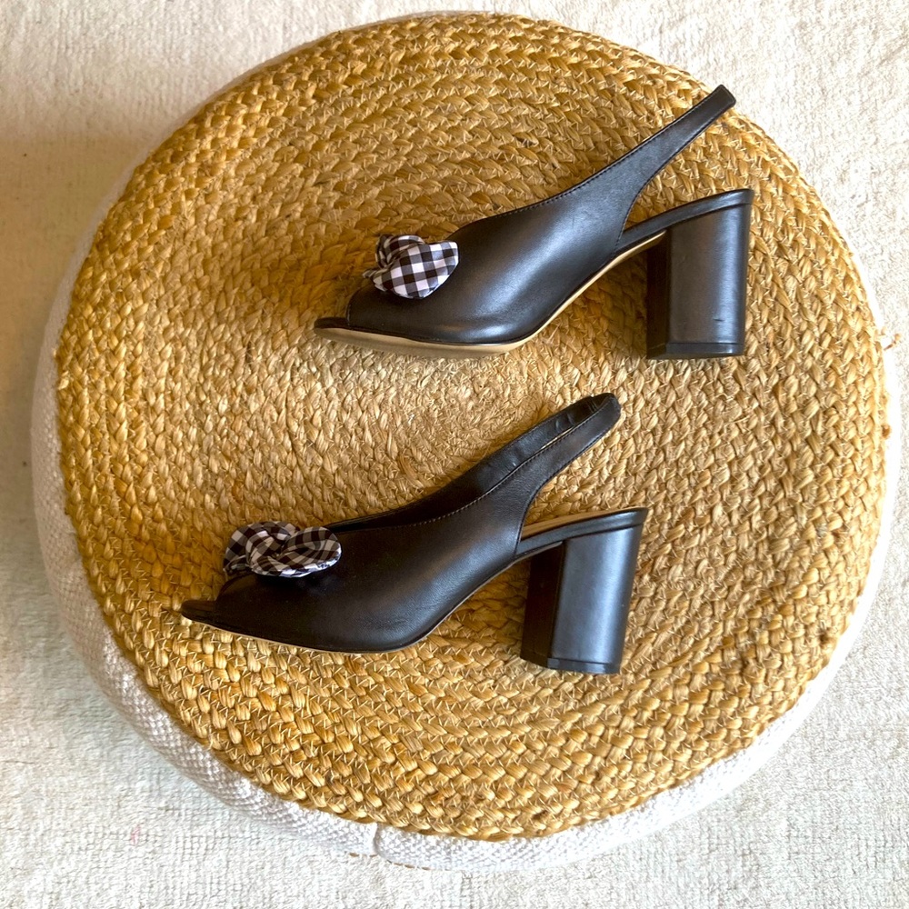 Nine West Black Leather Slingback Heels with Peeptoe and Bow Detail